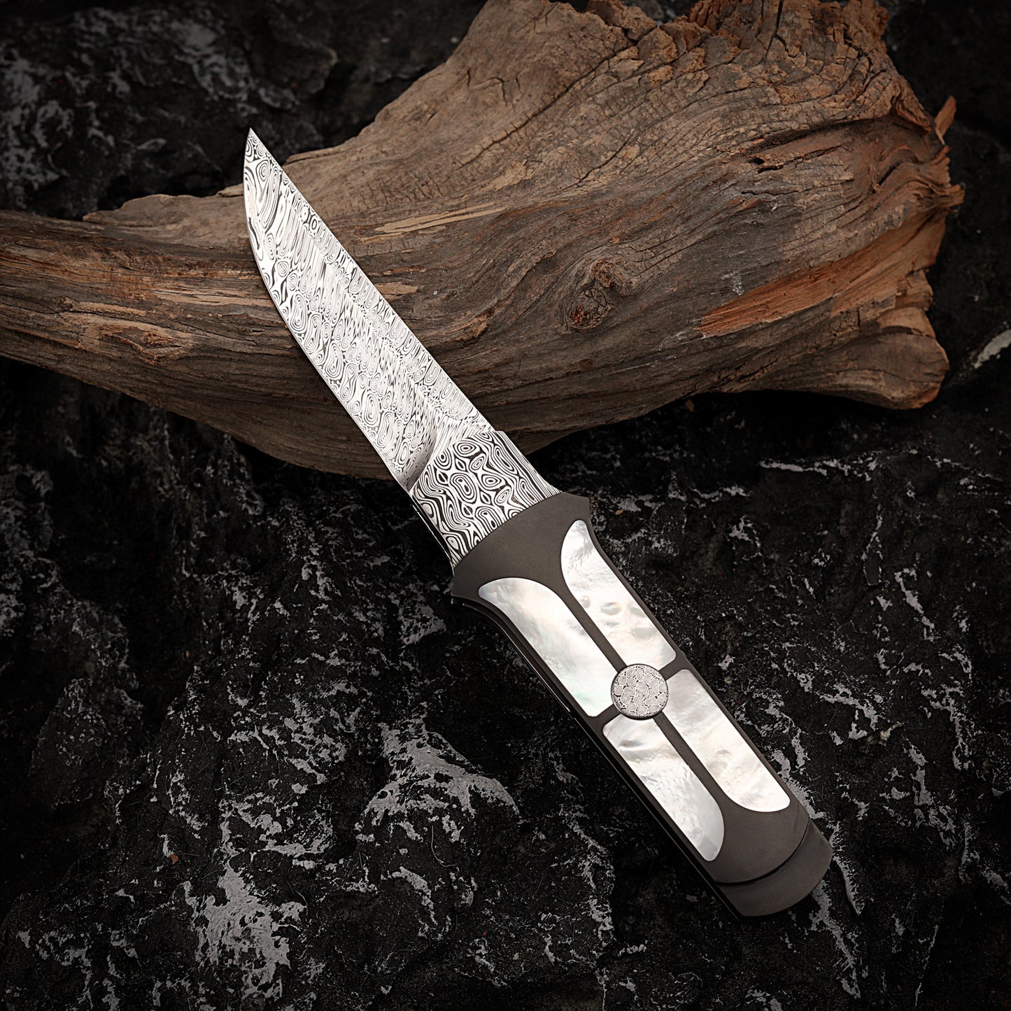 Custom Liner Lock Knife Damasteel Inlaid with Mother of Pearl