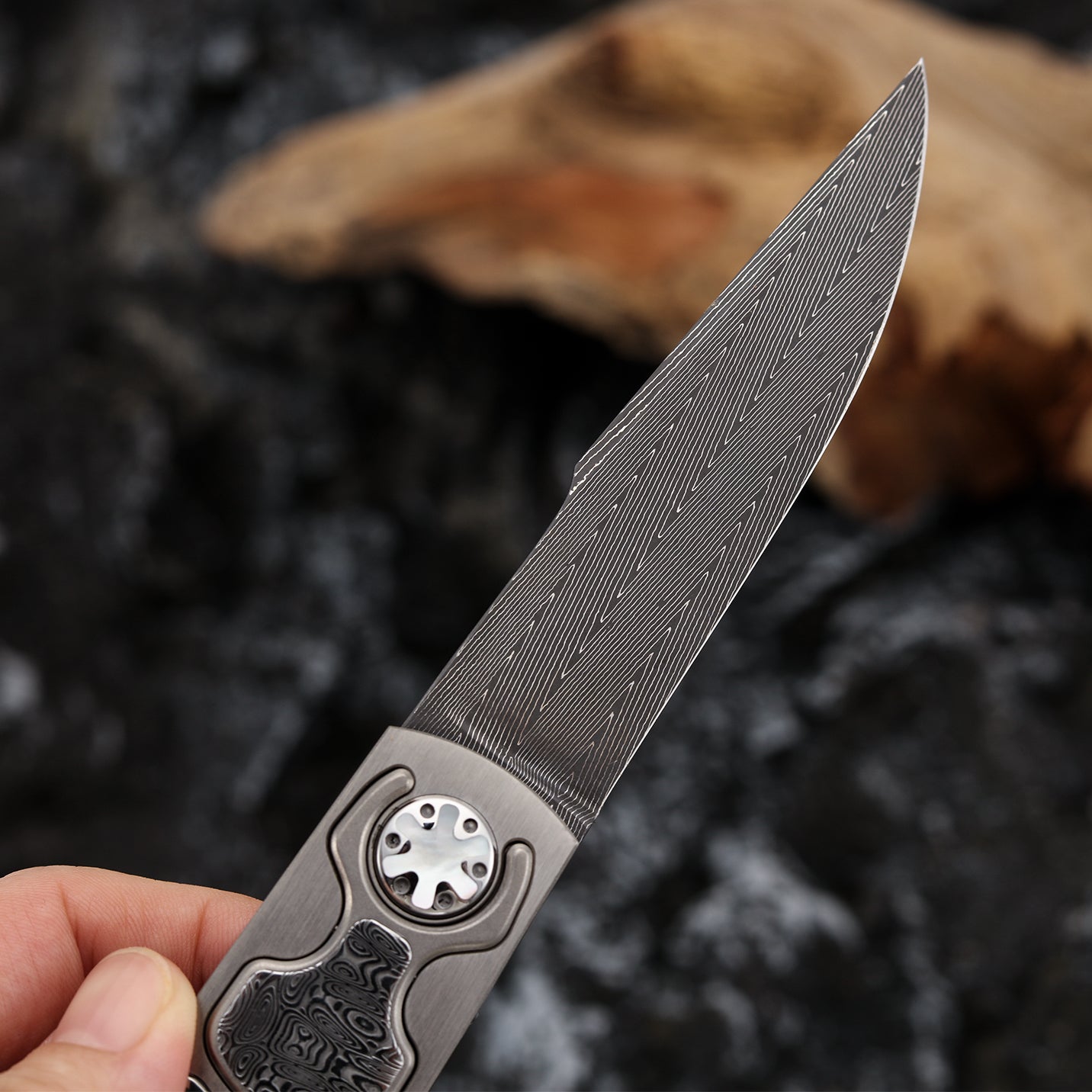 Custom Button Lock Folding Knife Forged Damascus Steel