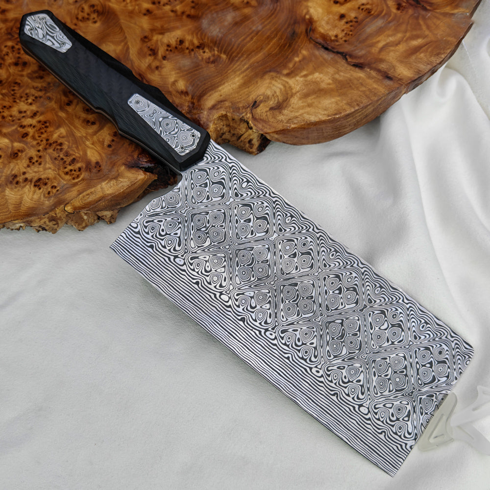 7.4" Cleaver Knife in Damasteel with Carbon Fiber