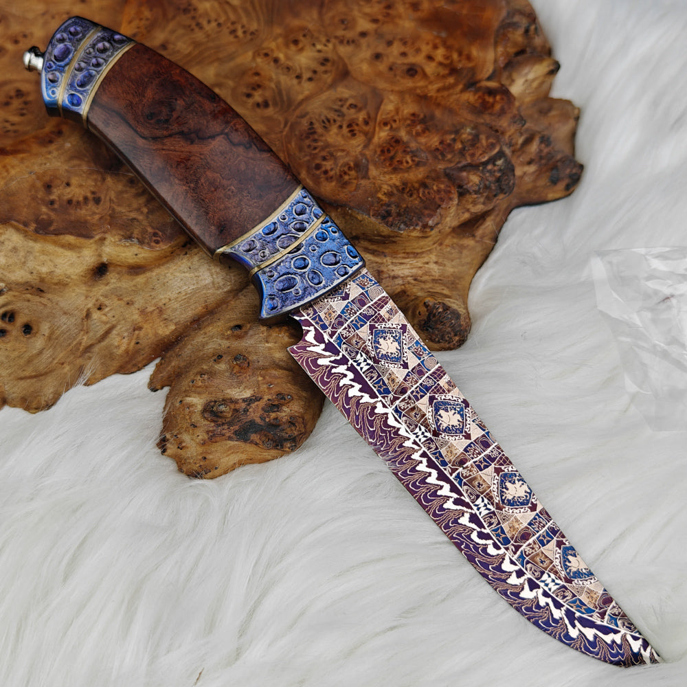 Mosaic Damascus Fixed Blade Knife with Bluing Heat Treatment