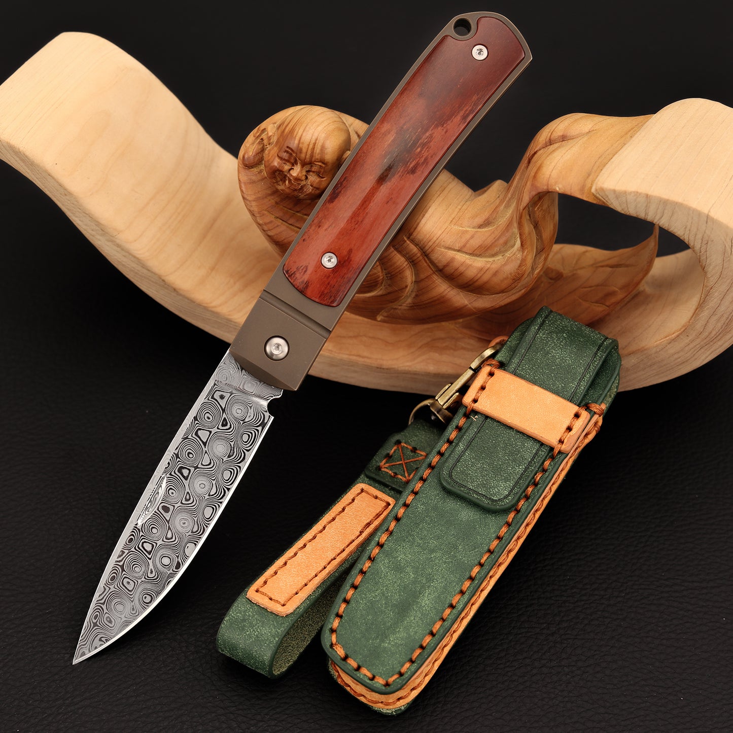 Custom Spear Point Damasteel Pocket Knife, Brown