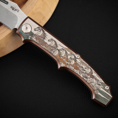 3.7 Inch Pocket Knife Laser-Engraved Titanium Handle, Vanax Steel