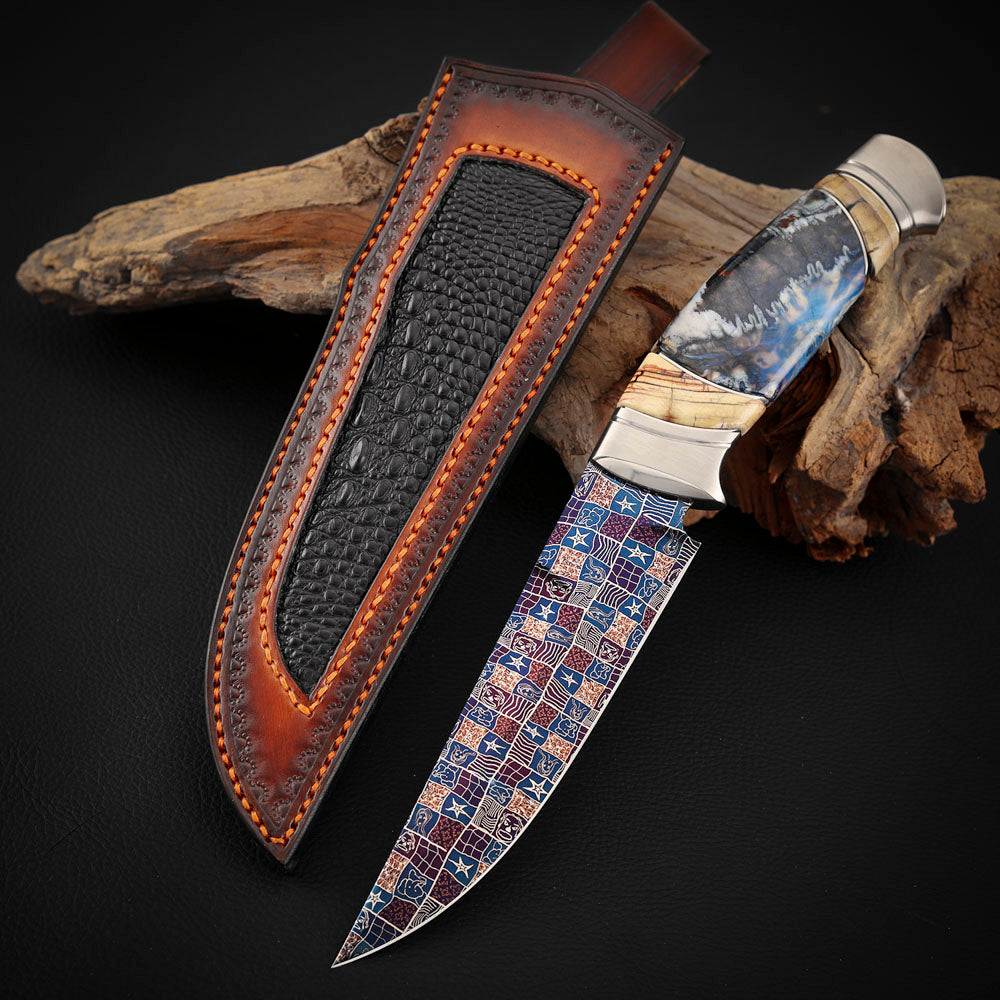 Custom Knives Mosaic Damascus Bluing Heating Leather Sheath