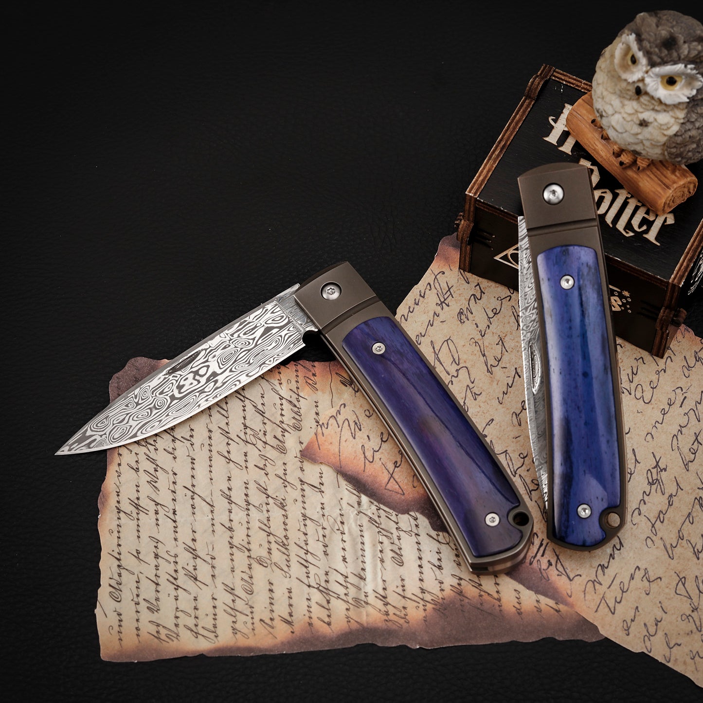Custom Drop Point Pocket Knife in Damasteel, Blue