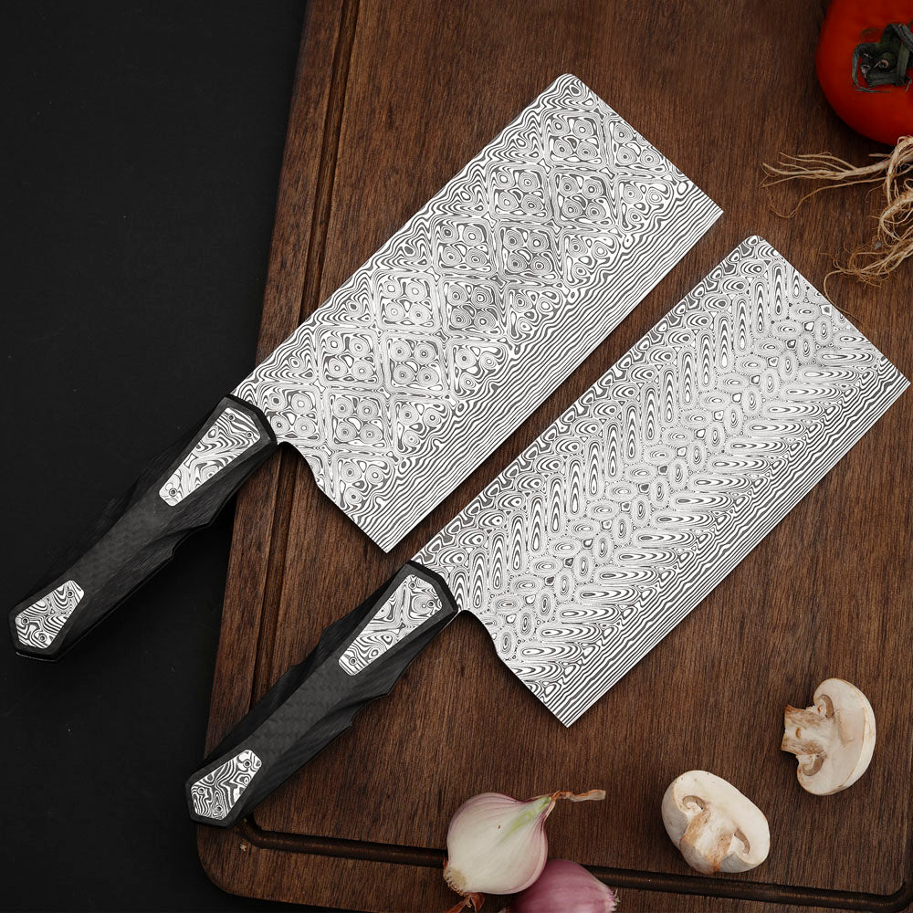 7.4" Cleaver Knife in Damasteel with Carbon Fiber