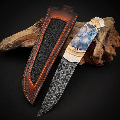 Mosaic Damascus Puukko Mammoth Tusks Handle