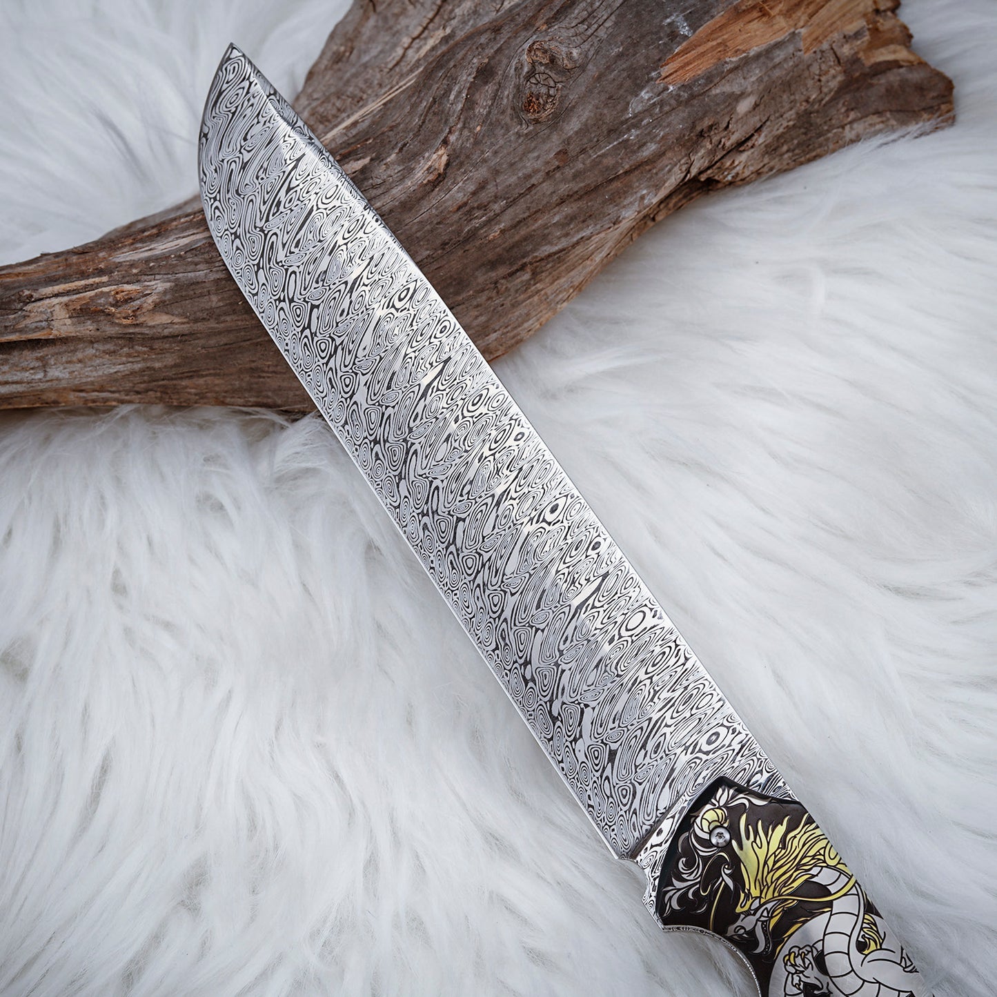 Custom 7.3 Inch Fixed Blade Knife Damasteel Color Titanium Carving