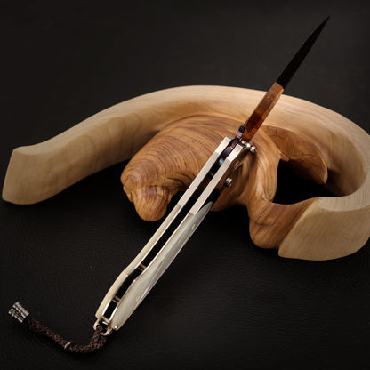 Custom Button Lock Knife Mosaic Damascus Steel