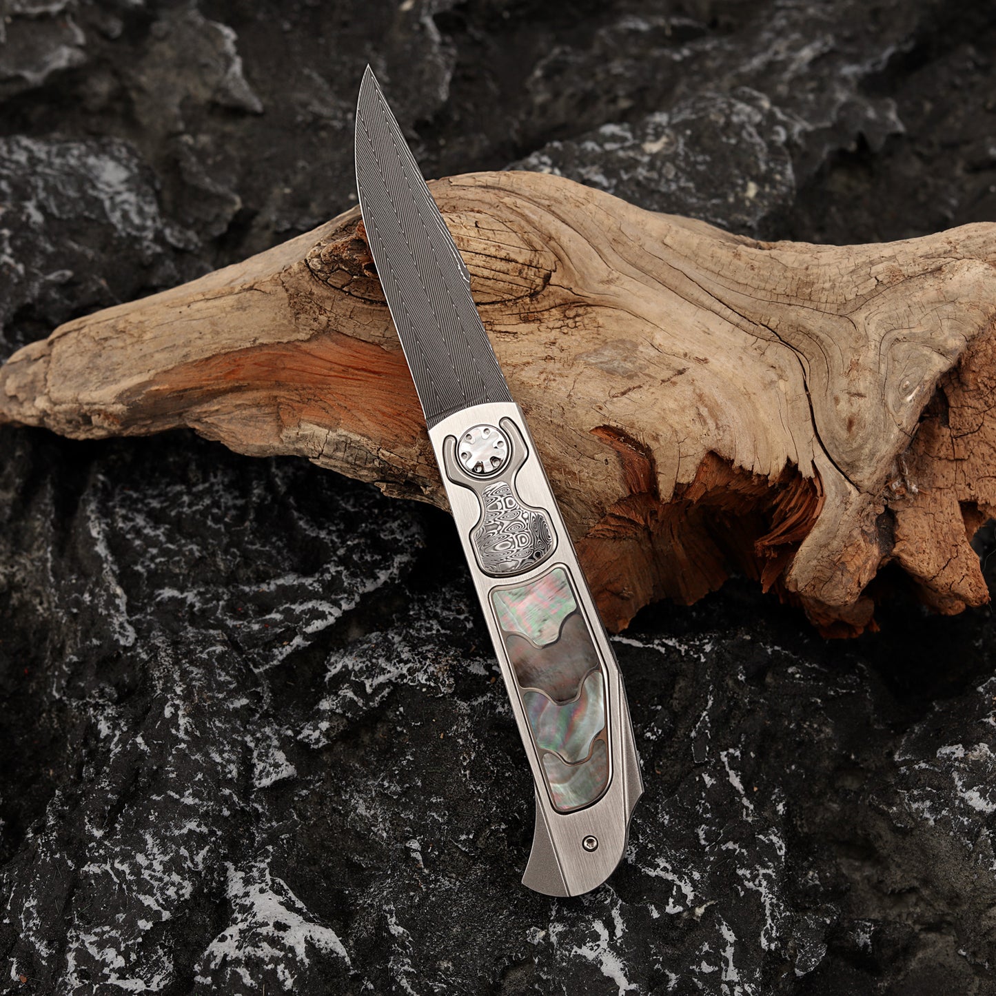 Custom Button Lock Folding Knife Forged Damascus Steel