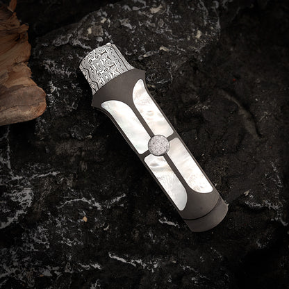 Custom Liner Lock Knife Damasteel Inlaid with Mother of Pearl