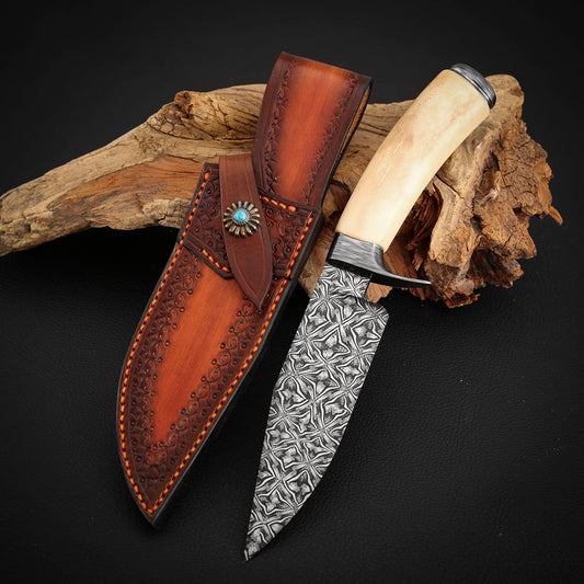 Customs Hunting Knife, Hand-forged Mosaic Damascus Steel