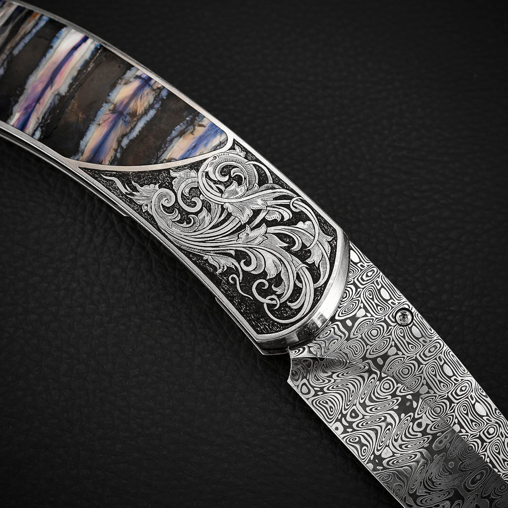 Custom Engraved Liner Lock Folder, Powder Damasteel