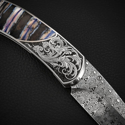 Custom Engraved Liner Lock Folder, Powder Damasteel