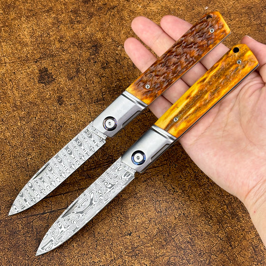 Pocket Knife in Damasteel with Buckhorn