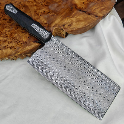 7.4" Cleaver Knife in Damasteel with Carbon Fiber