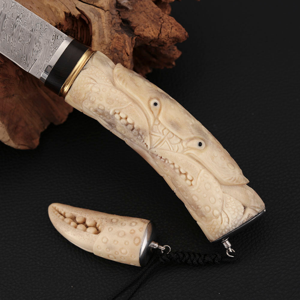Crab Hand-carved Fixed Blade Knife Damasteel Antler Handle
