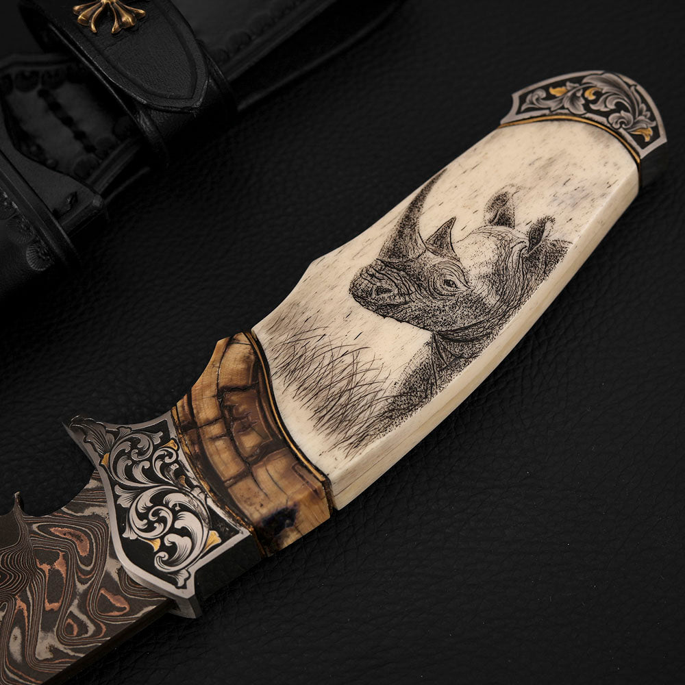 Custom Hand-carved Hunting Knife, Copper-Clad Damascus Steel