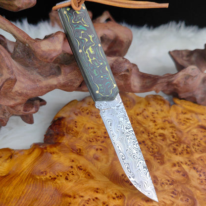 Camping Knife Fixed Blade Knife in Damasteel with Fork