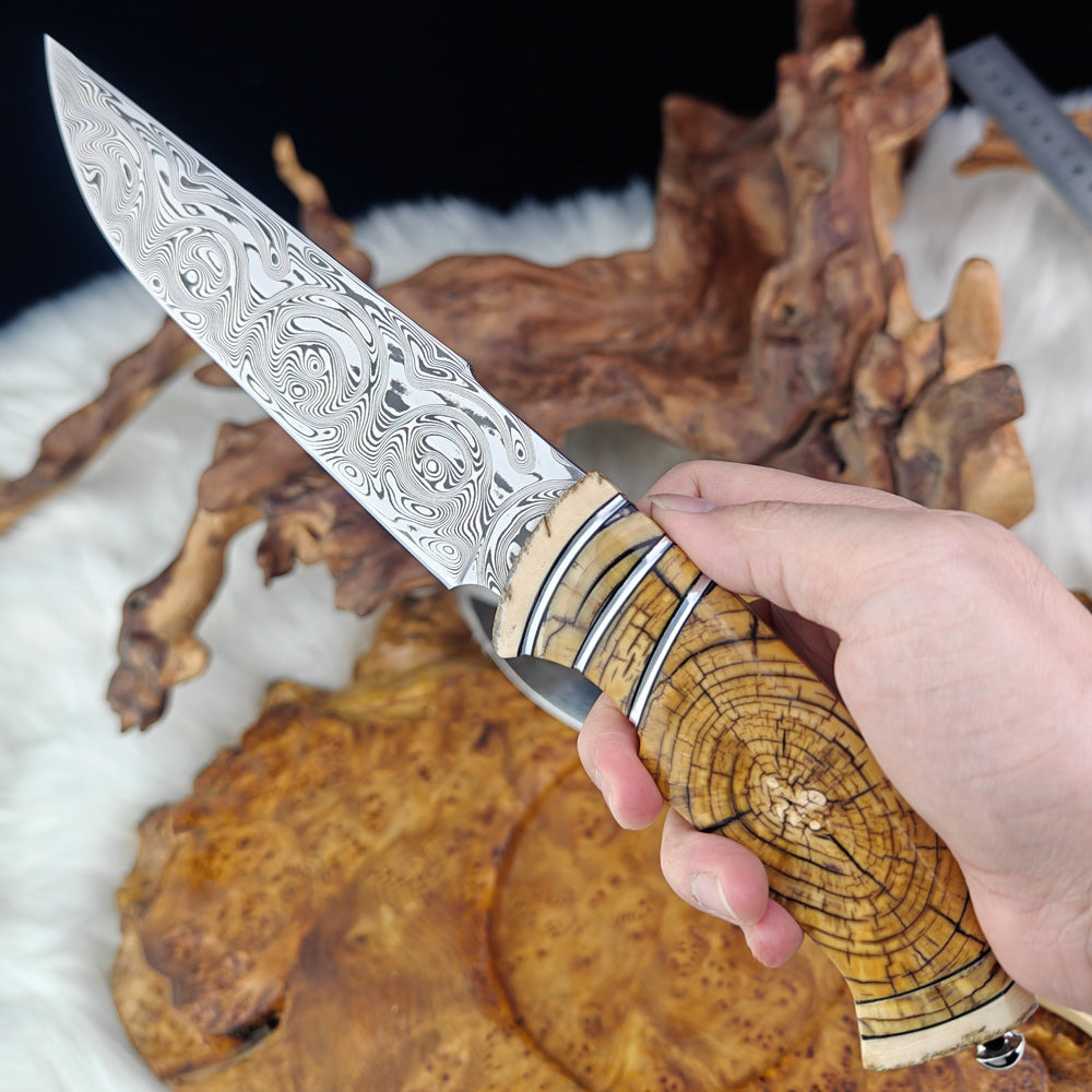 6.5" Hunting Knife in Damasteel with Mammoth Tusks