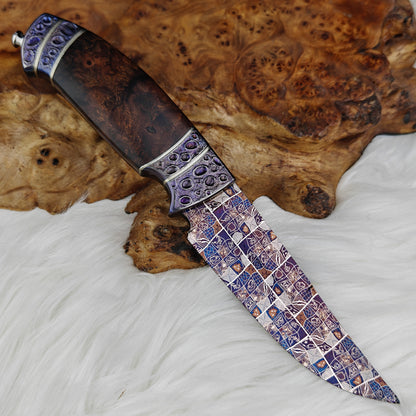 Mosaic Damascus Fixed Blade Knife with Bluing Heat Treatment