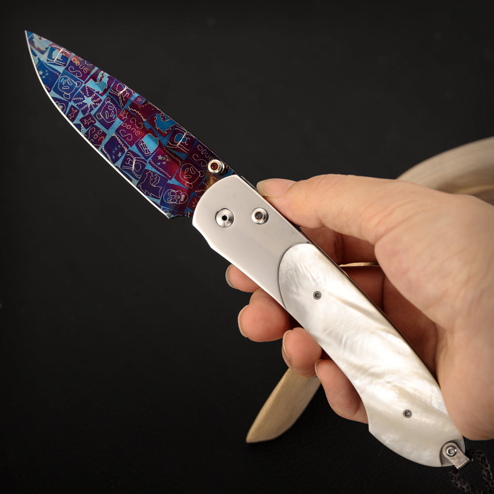 Custom Button Lock Knife Mosaic Damascus Steel
