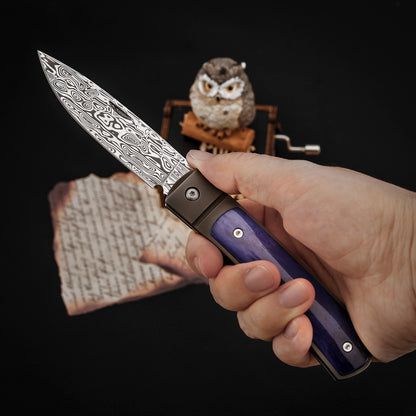 Custom Drop Point Pocket Knife in Damasteel, Blue