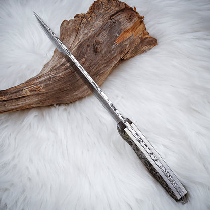 Custom 7.3 Inch Fixed Blade Knife Damasteel Color Titanium Carving