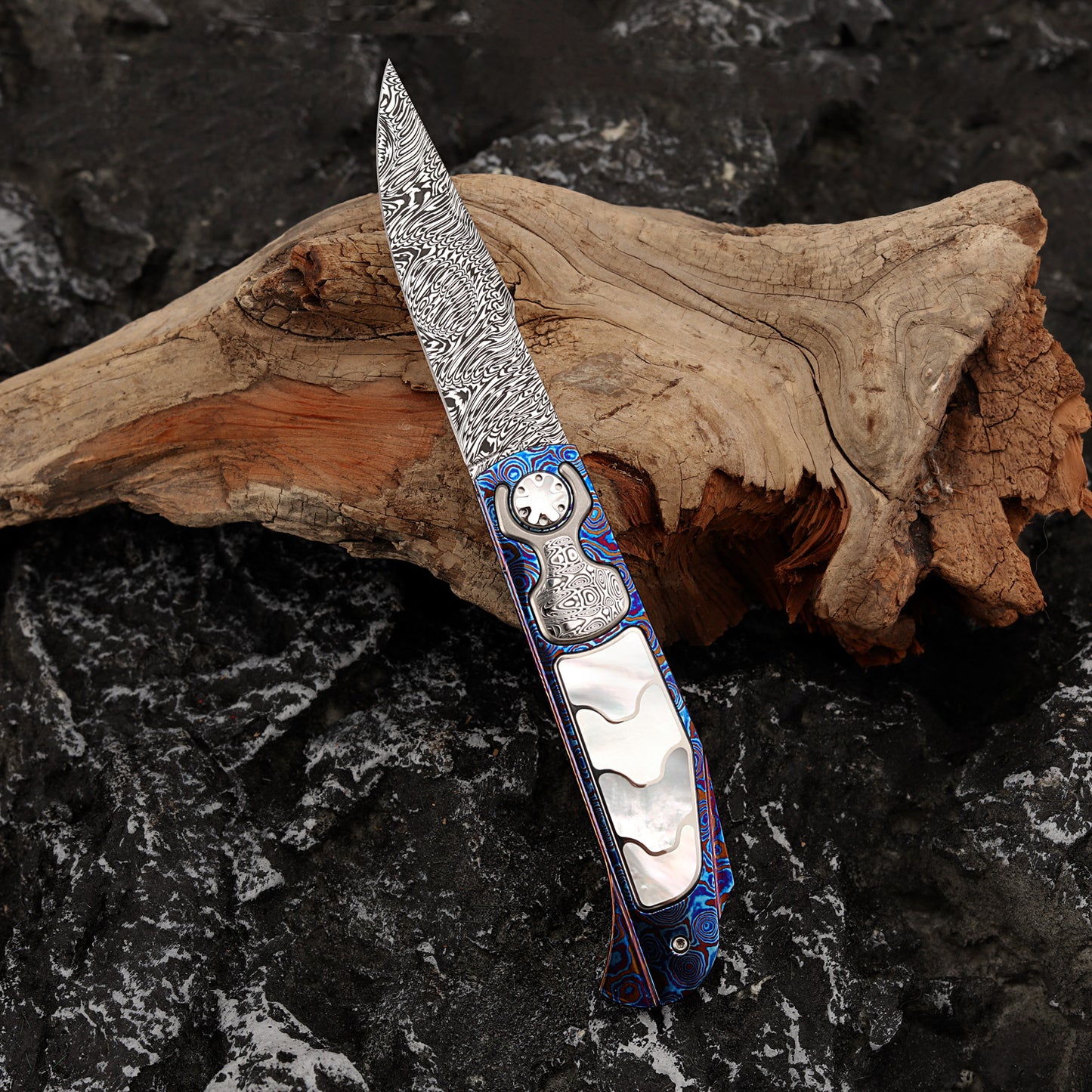 Custom Button Lock Folding Knife Forged Damascus Steel
