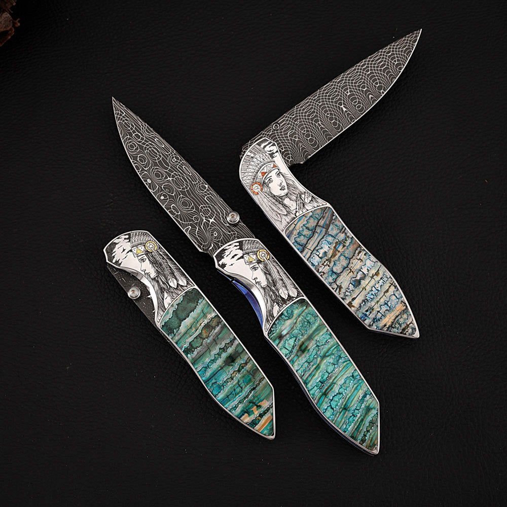 Hand-engraved Folding Knife Damascus Steel, Mammoth Tusks