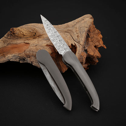 Liner Lock Front Flipper Folding Knives in Damascus with Titanium
