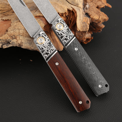 3.5 Incn Slip Joint Pocket Knife Wootz Steel, Ironwood & Carbon Fiber