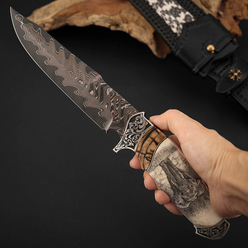 Custom Hand-carved Hunting Knife, Copper-Clad Damascus Steel