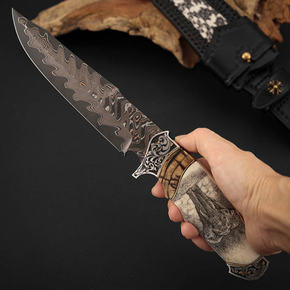 Custom Hand-carved Hunting Knife, Copper-Clad Damascus Steel