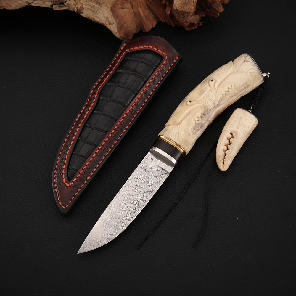 Crab Hand-carved Fixed Blade Knife Damasteel Antler Handle