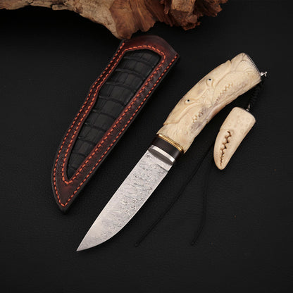 Crab Hand-carved Fixed Blade Knife Damasteel Antler Handle
