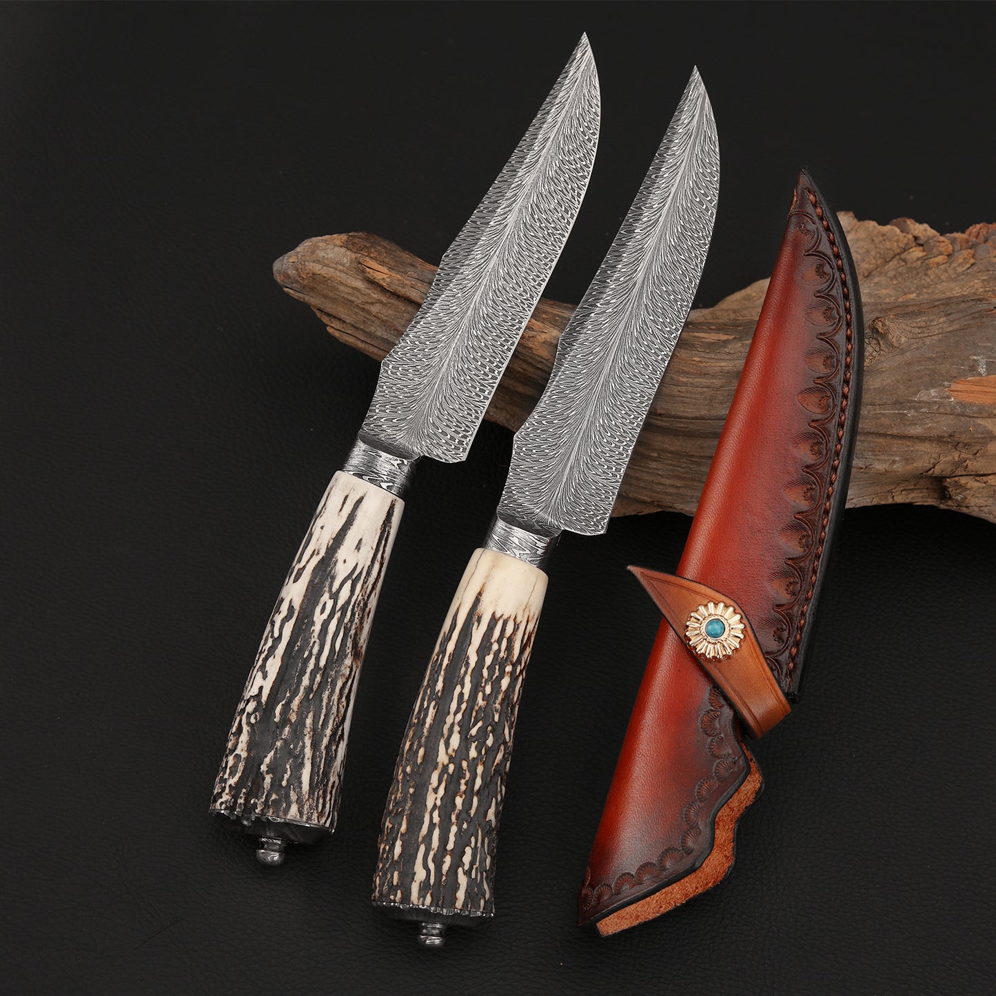 Custom Hunter in Feather Damascus with Buckhorn