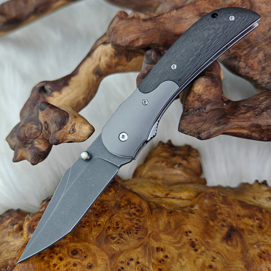 Tanto Style Folding Knife, Wootz Steel, Carbon Fiber