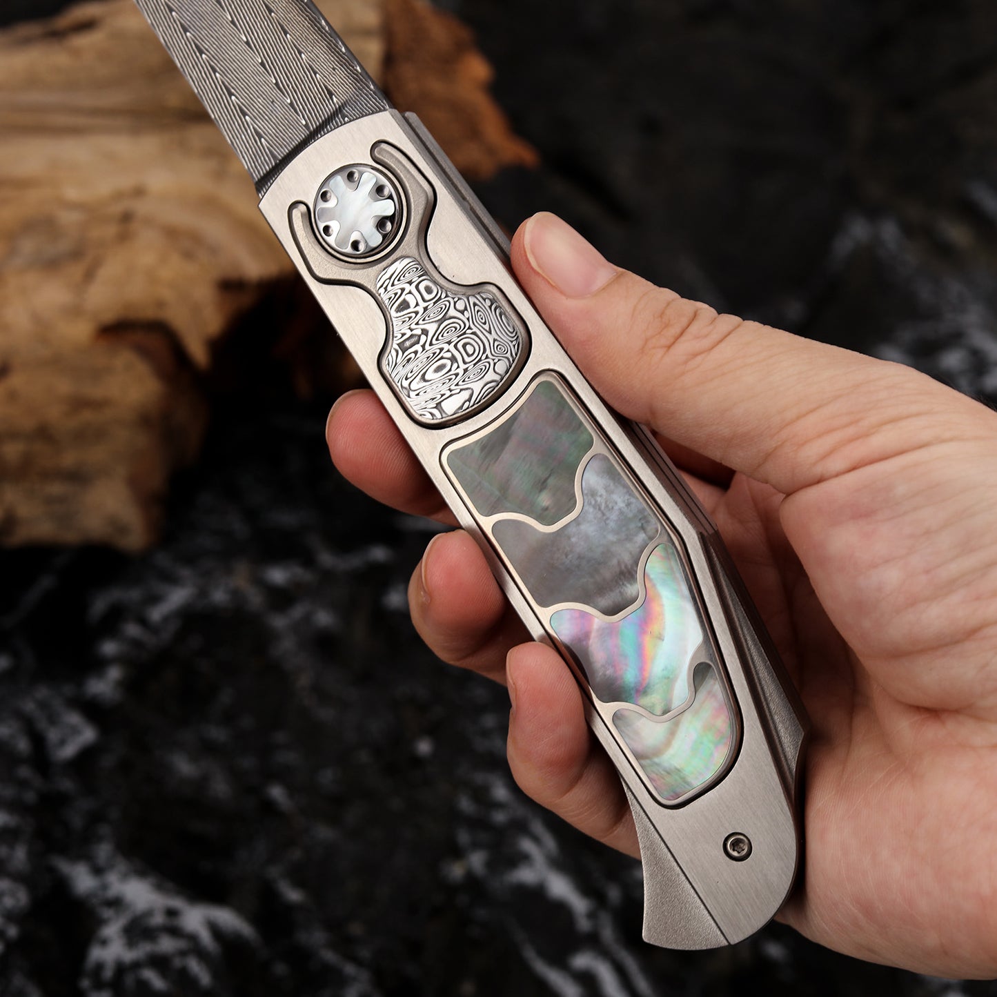 Custom Button Lock Folding Knife Forged Damascus Steel