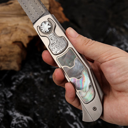 Custom Button Lock Folding Knife Forged Damascus Steel