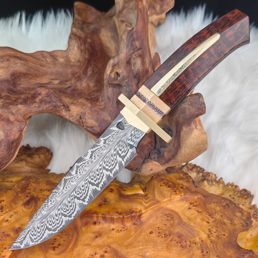 Feather Damascus Fighter Knife, Copper Titanium, Snakewood