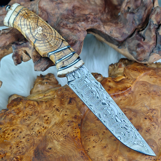 6.5" Hunting Knife in Damasteel with Mammoth Tusks