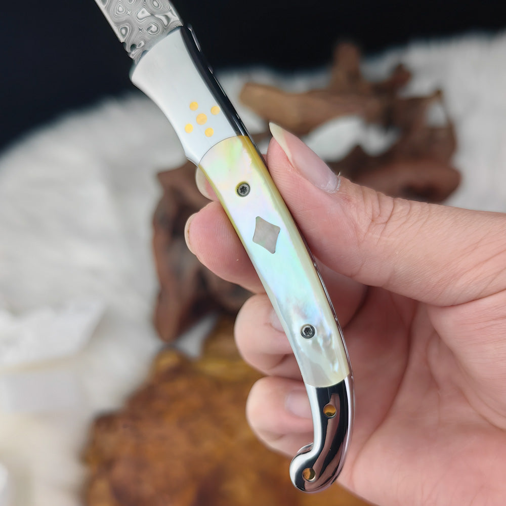 Custom Pocket Knife in Damasteel, Mother of Pearl