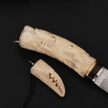 Crab Hand-carved Fixed Blade Knife Damasteel Antler Handle