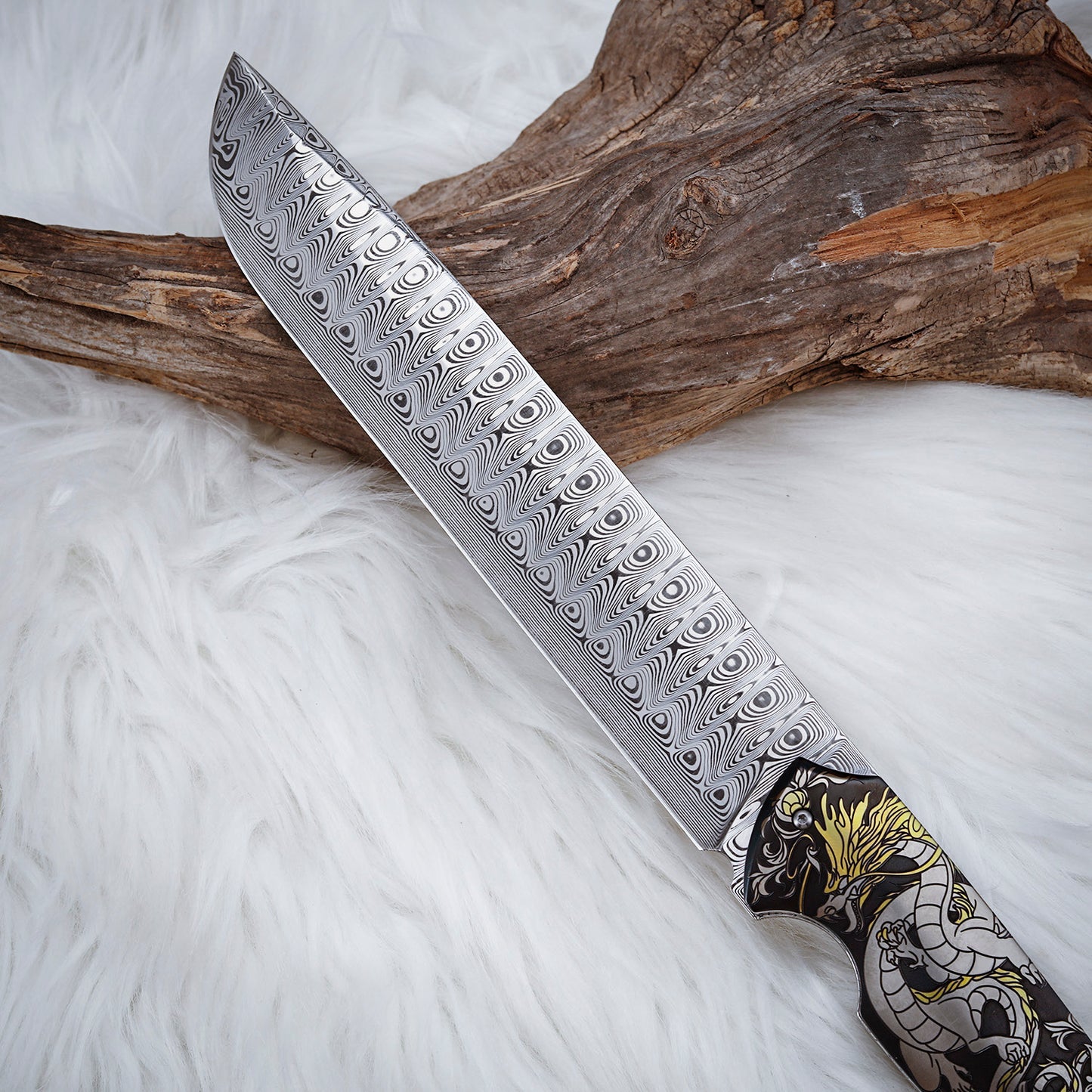 Custom 7.3 Inch Fixed Blade Knife Damasteel Color Titanium Carving