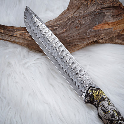 Custom 7.3 Inch Fixed Blade Knife Damasteel Color Titanium Carving