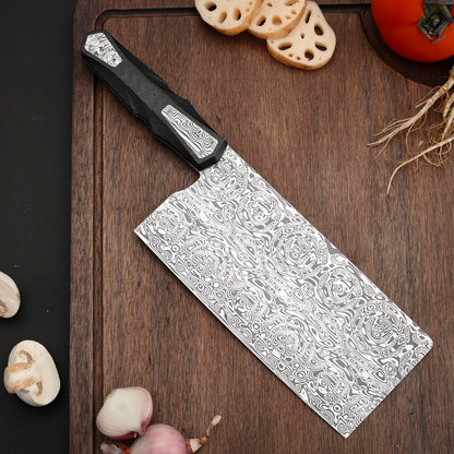 7.4" Cleaver Knife in Damasteel with Carbon Fiber