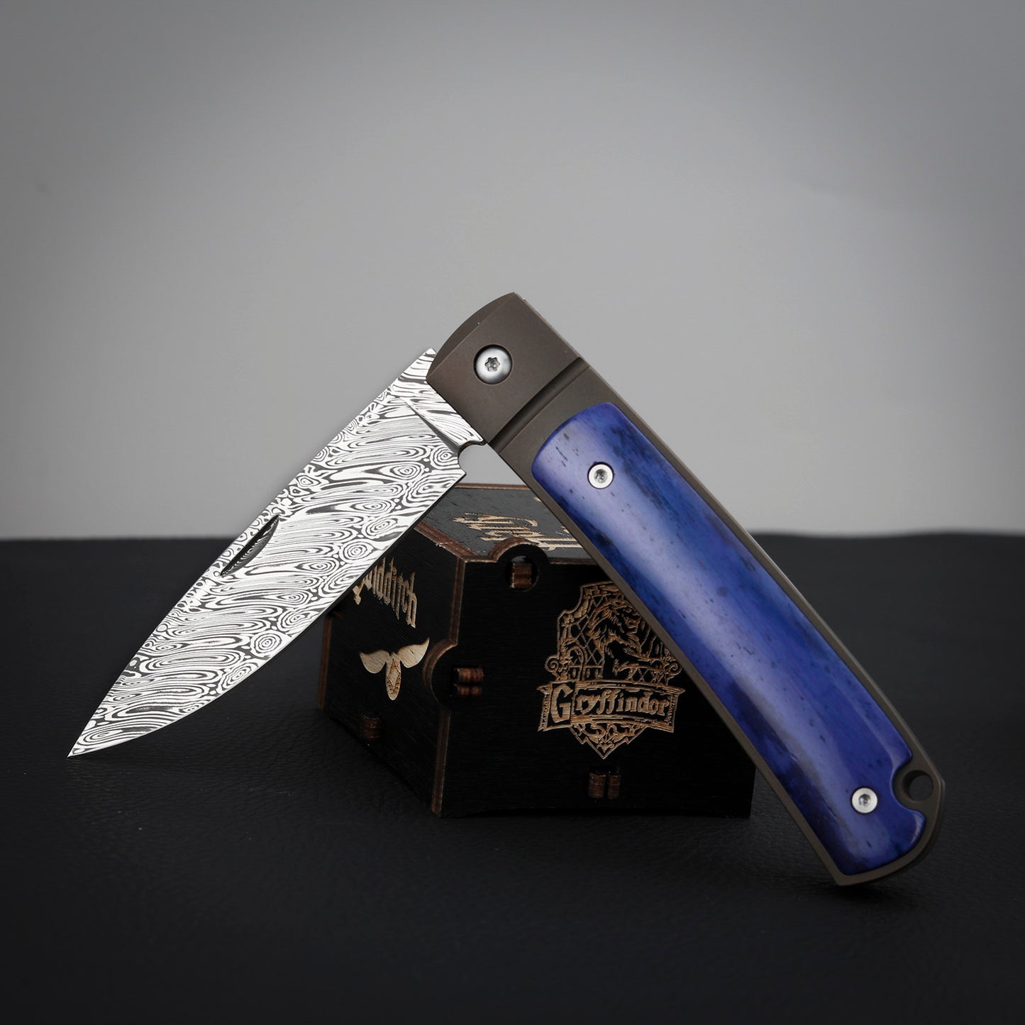 Custom Drop Point Pocket Knife in Damasteel, Blue