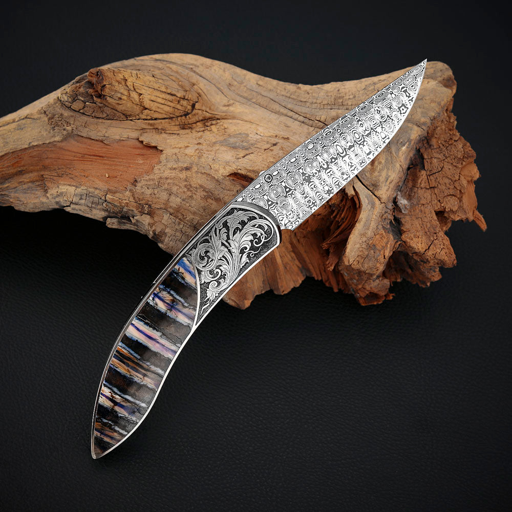 Custom Engraved Liner Lock Folder, Powder Damasteel
