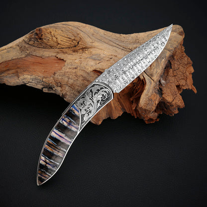Custom Engraved Liner Lock Folder, Powder Damasteel
