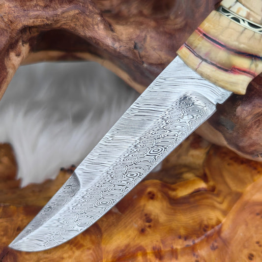 Handmade Fixed Blade Knife in Damasteel with Mammoth Tusks